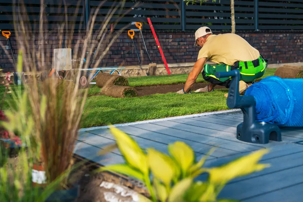 A man installing the lawn on a sunny day.